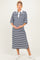 woman wearing a navy and white striped maternity polo dress and holding her baby bump