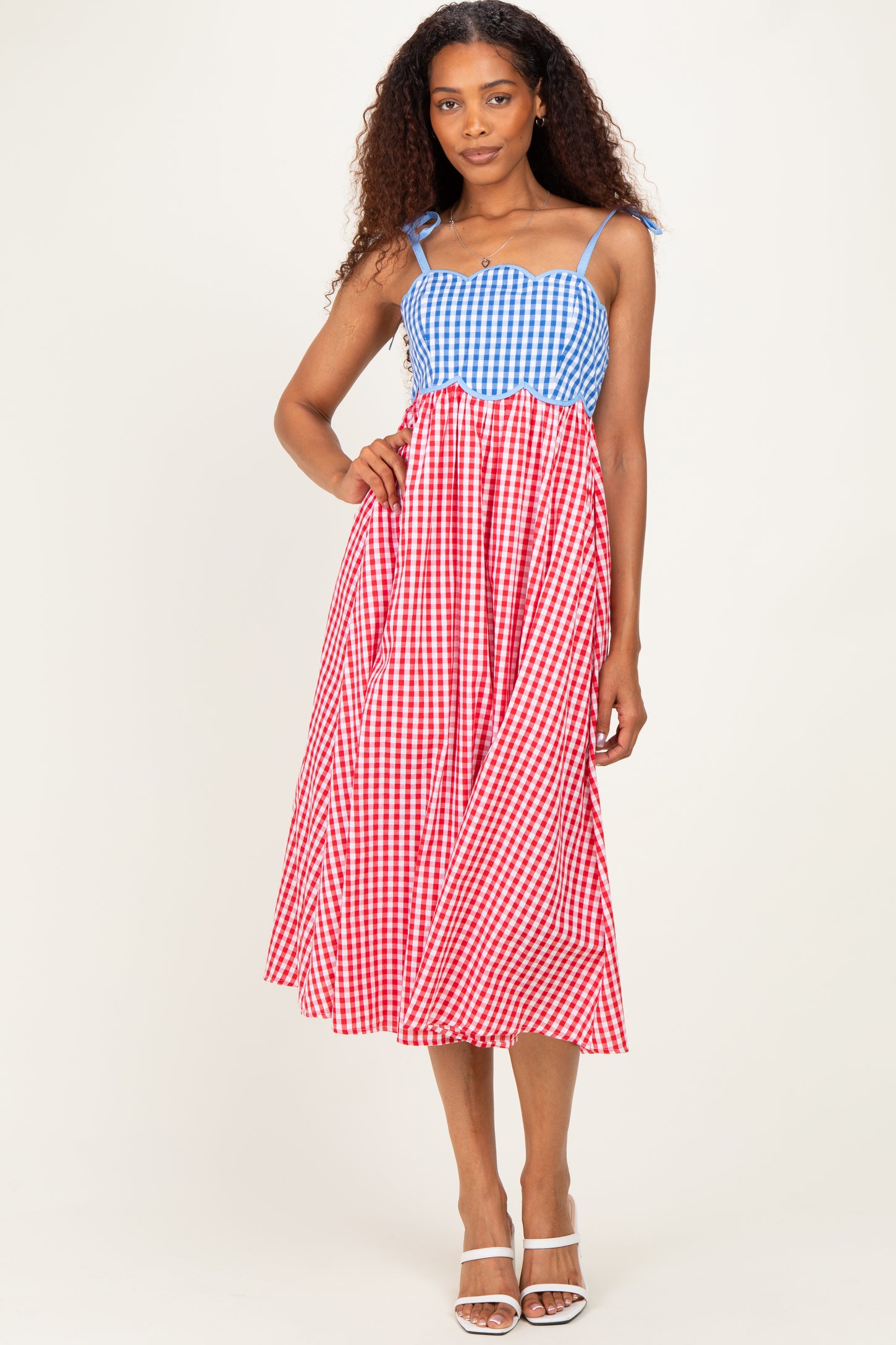Red Gingham Colorblock Scallop Trim Maternity Midi Dress