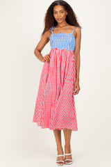 Red Gingham Colorblock Scallop Trim Maternity Midi Dress