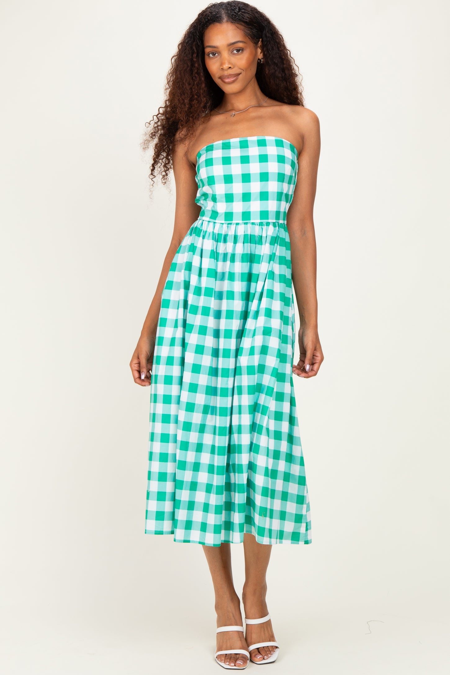 Green Gingham Strapless Maternity Midi Dress