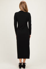 Black Ruffle Mock Neck Long Sleeve Midi Dress