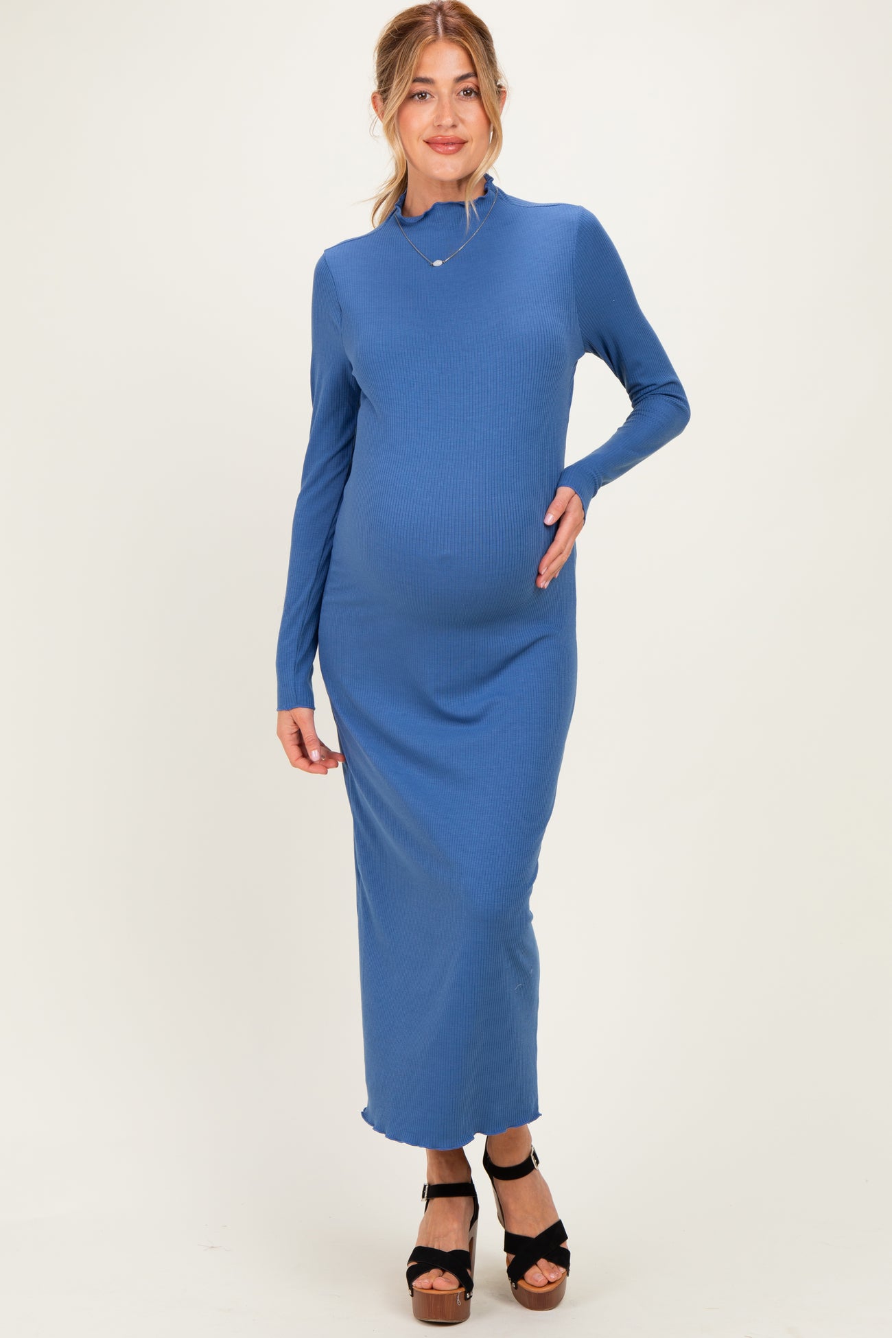 Navy Ruffle Mock Neck Long Sleeve Maternity Midi Dress