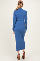 Navy Ruffle Mock Neck Long Sleeve Maternity Midi Dress