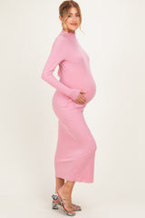 Mauve Ruffle Mock Neck Long Sleeve Maternity Midi Dress