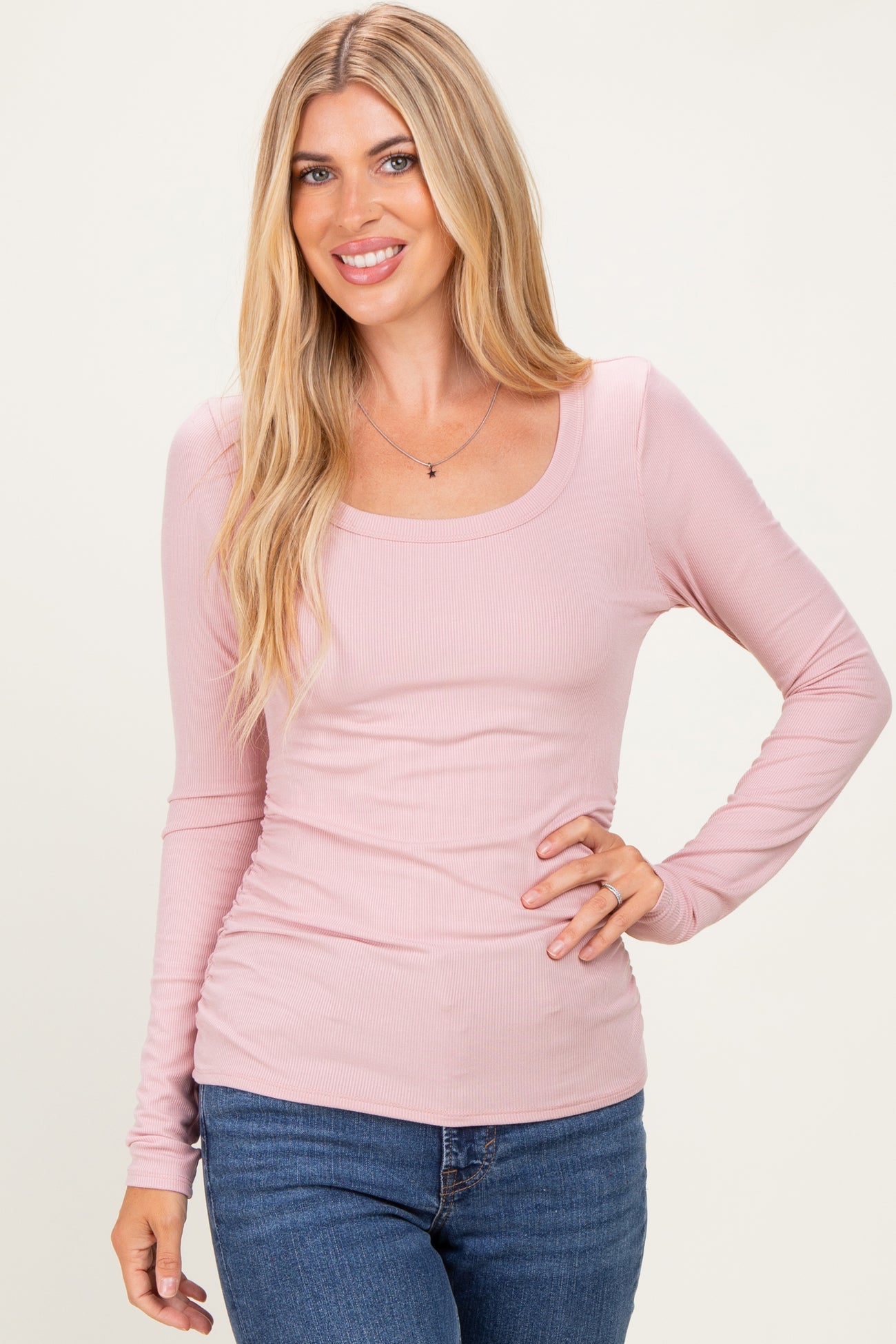 Pink Ribbed Ruched Maternity Long Sleeve Top