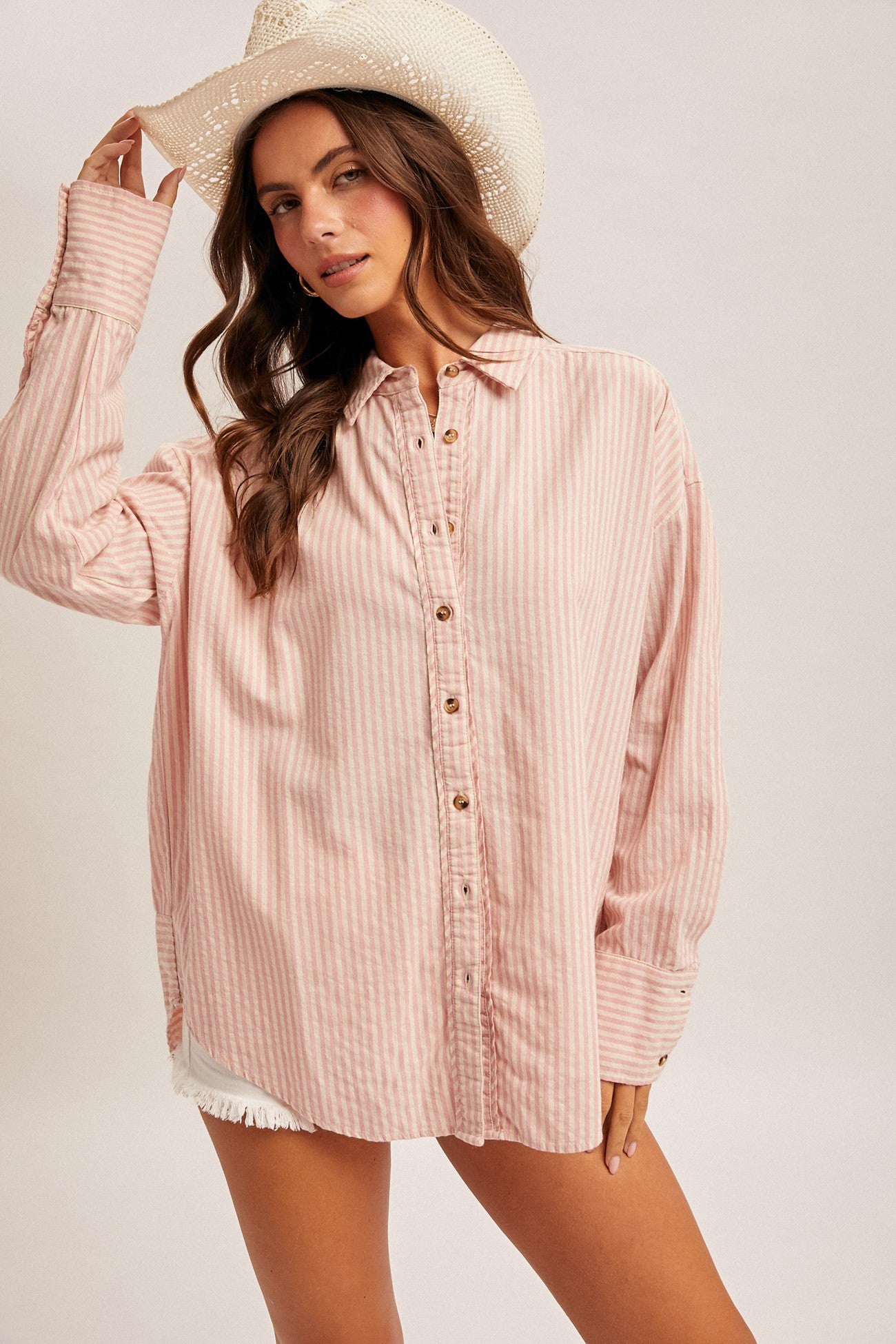 Pink Oversized Striped Button Down Long Sleeve Maternity Shirt