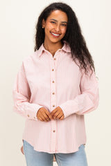 Pink Oversized Striped Button Down Long Sleeve Maternity Shirt