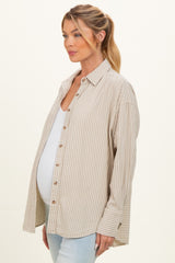 Beige Oversized Striped Button Down Long Sleeve Maternity Shirt