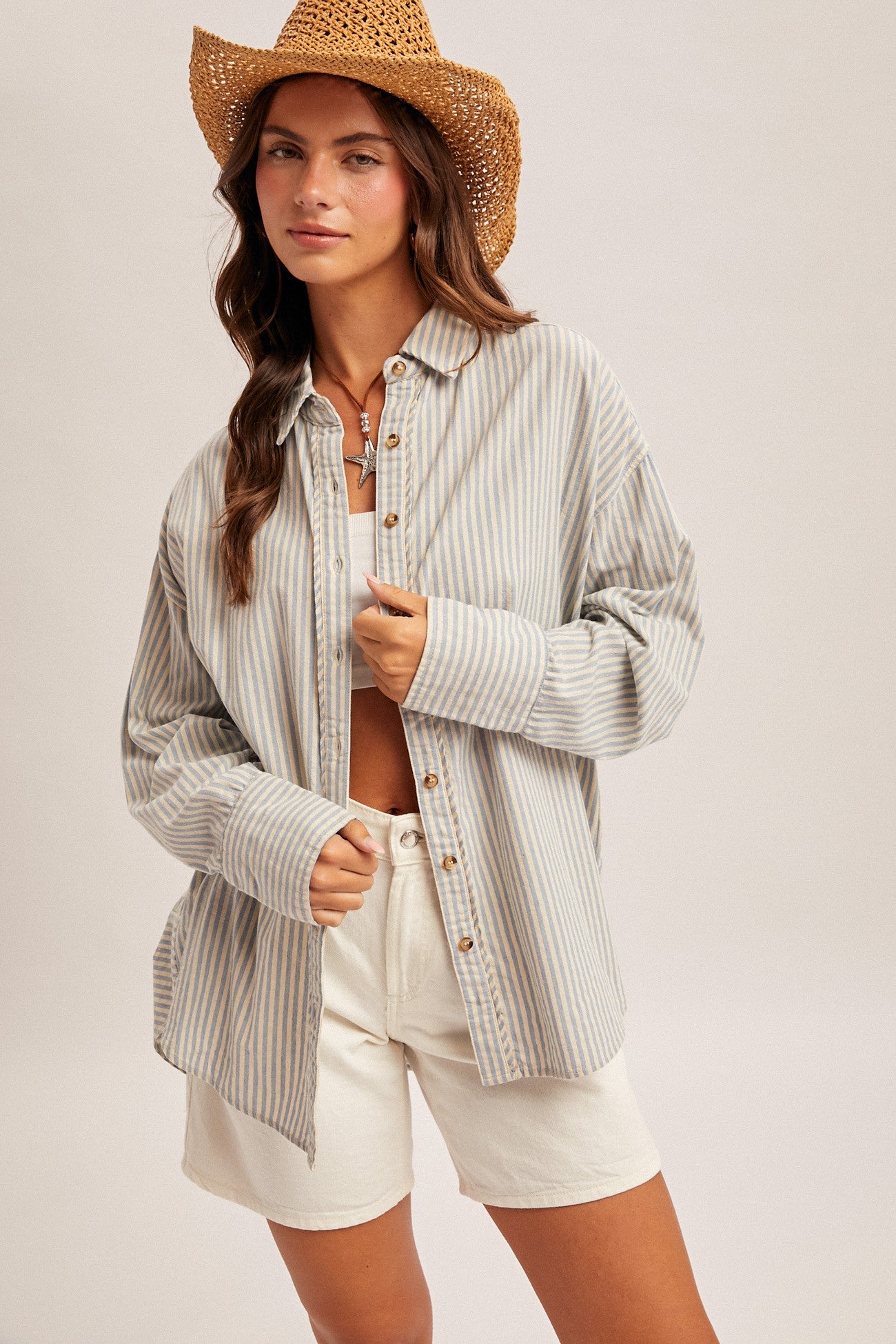 Blue Oversized Striped Button Down Long Sleeve Maternity Shirt
