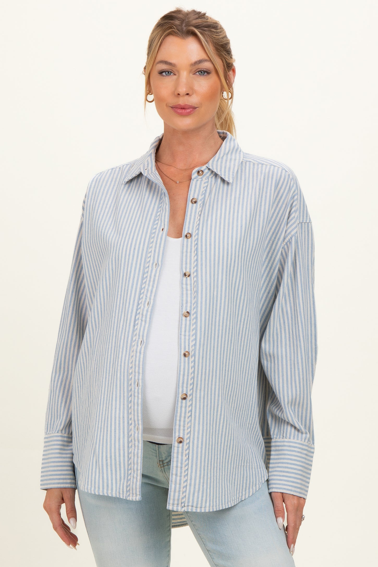 Blue Oversized Striped Button Down Long Sleeve Maternity Shirt