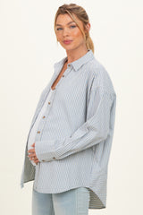 Blue Oversized Striped Button Down Long Sleeve Maternity Shirt
