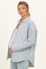 Blue Oversized Striped Button Down Long Sleeve Maternity Shirt