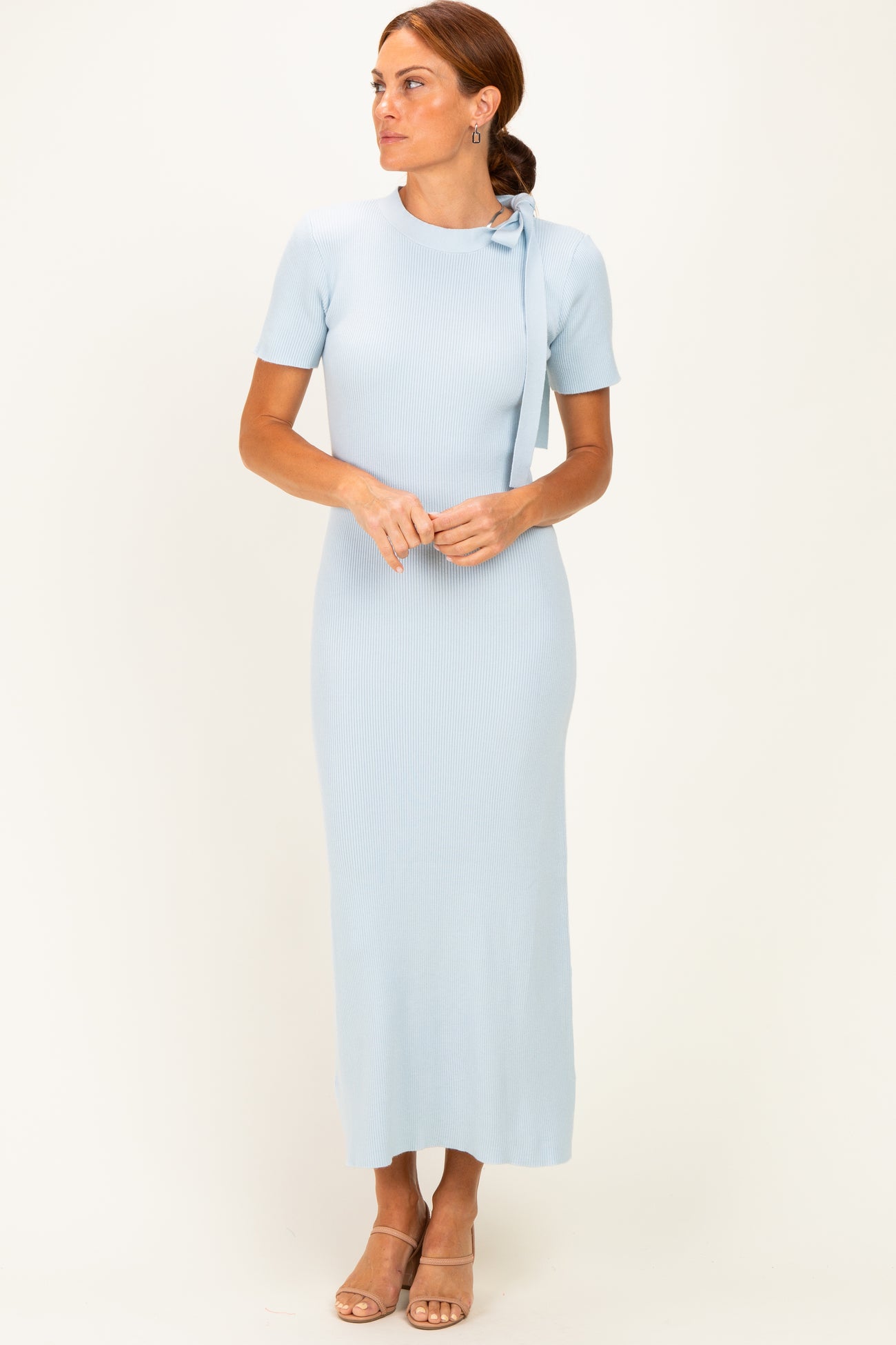 Sky Tie Neck Short Sleeve Knit Maternity Dress