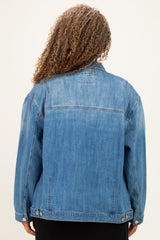 woman wearing a light blue plus size denim jacket, view from the back