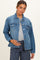 woman wearing a light blue denim maternity jacket and holding her baby bump