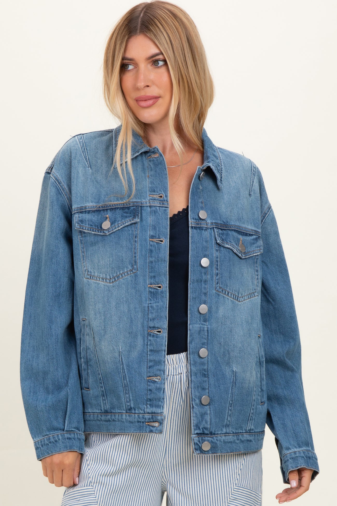 Medium Wash Oversized Maternity Denim Jackets