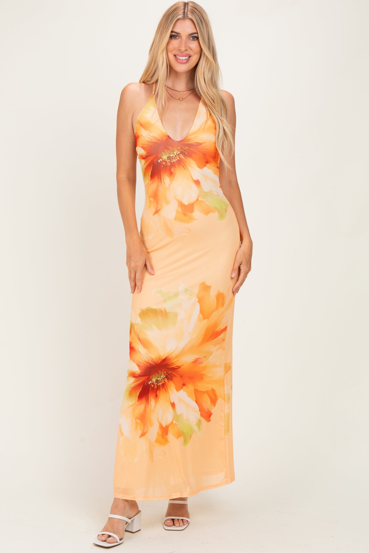 Peach Floral Deep V-Neck Maternity Maxi Dress
