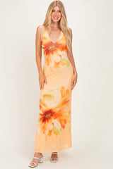 Peach Floral Deep V-Neck Maternity Maxi Dress