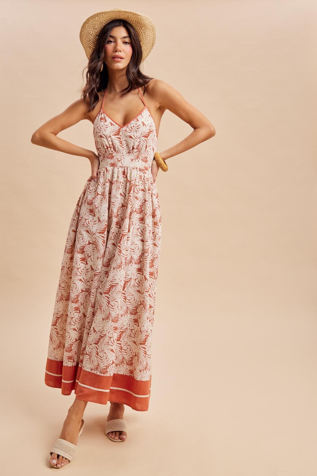 Terracotta Printed Cutout Tie Back Maxi Dress