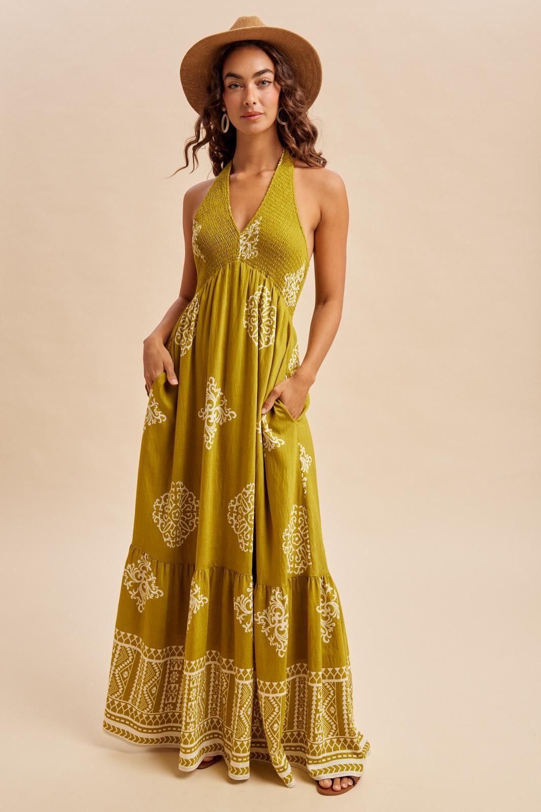 Olive Palm Printed Smocked Halter Maternity Maxi Dress