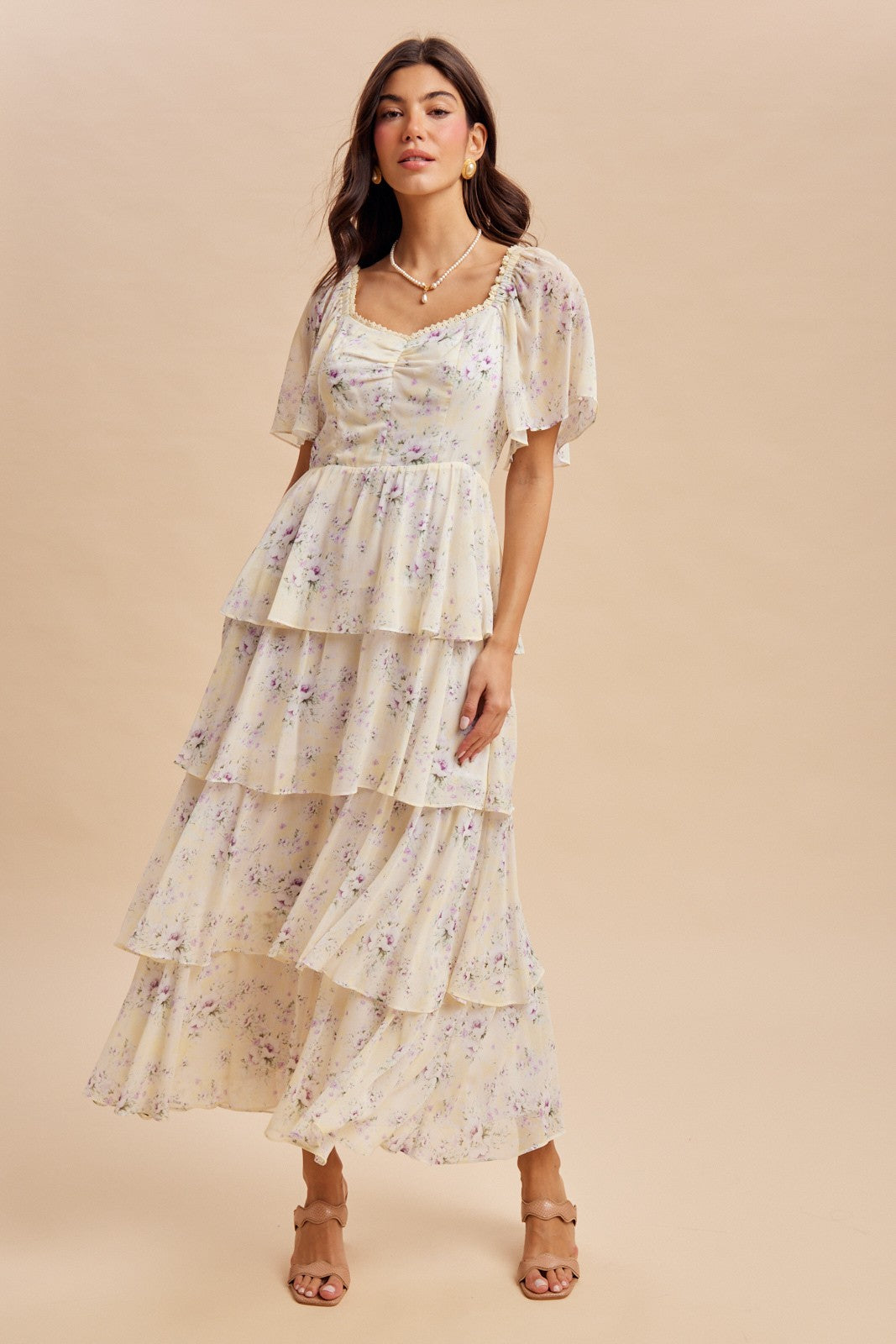 Lemon Floral Flounce Tiered Maternity Maxi Dress