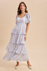 Periwinkle Floral Flounce Tiered Maternity Maxi Dress