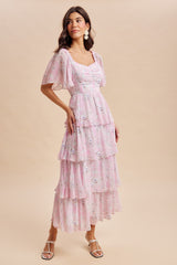 woman wearing a pink floral tiered maxi dress with short sleeves and a square neckline