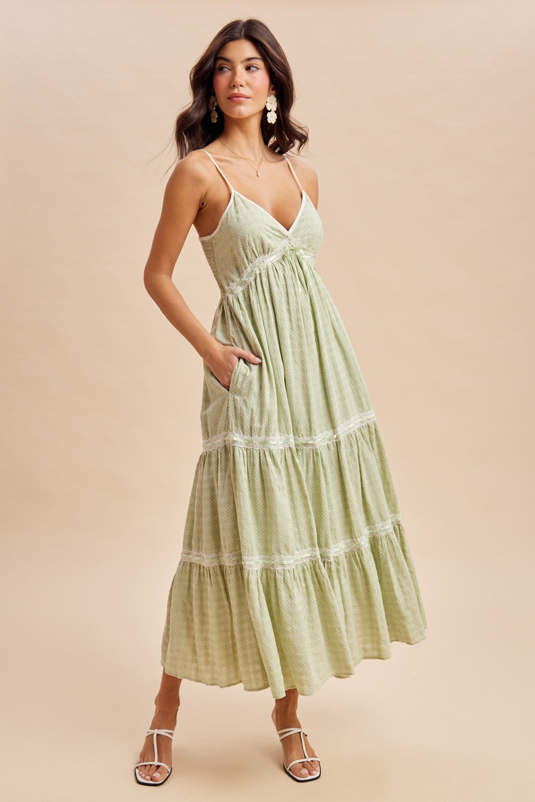 Mint Cream Printed Lace Tiered Maternity Maxi Dress