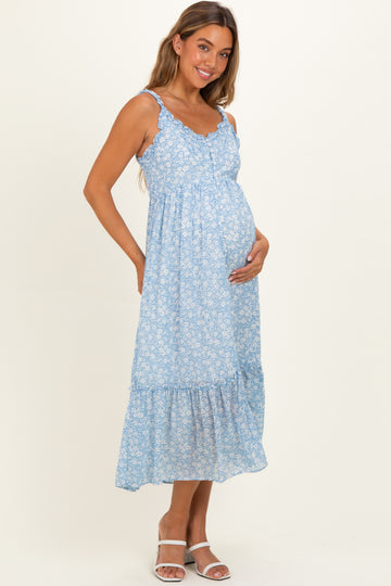 Cornflower Blue Floral Ruffle Strap Button Down Maternity Dress
