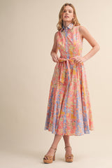 Peach Pink Colorblock Floral Button Down Midi Dress