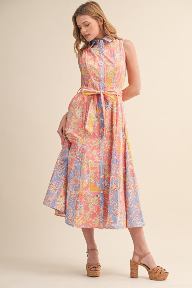 Peach Pink Colorblock Floral Button Down Midi Dress