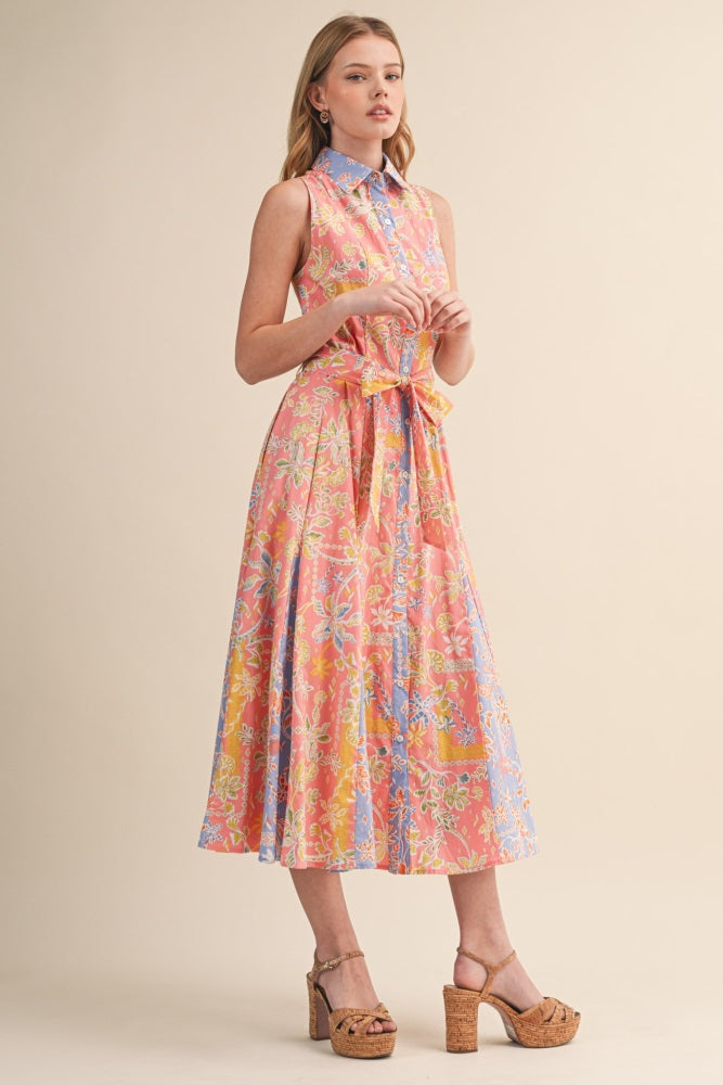 Peach Pink Colorblock Floral Button Down Midi Dress