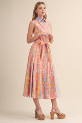 Peach Pink Colorblock Floral Button Down Midi Dress