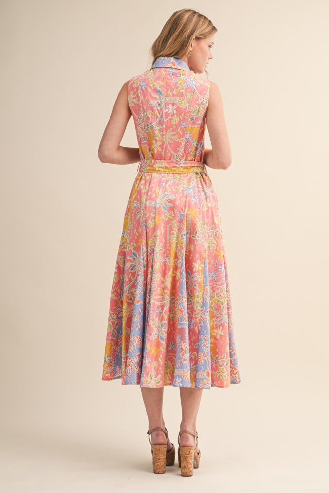 Peach Pink Colorblock Floral Button Down Midi Dress