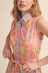 Peach Pink Colorblock Floral Button Down Midi Dress