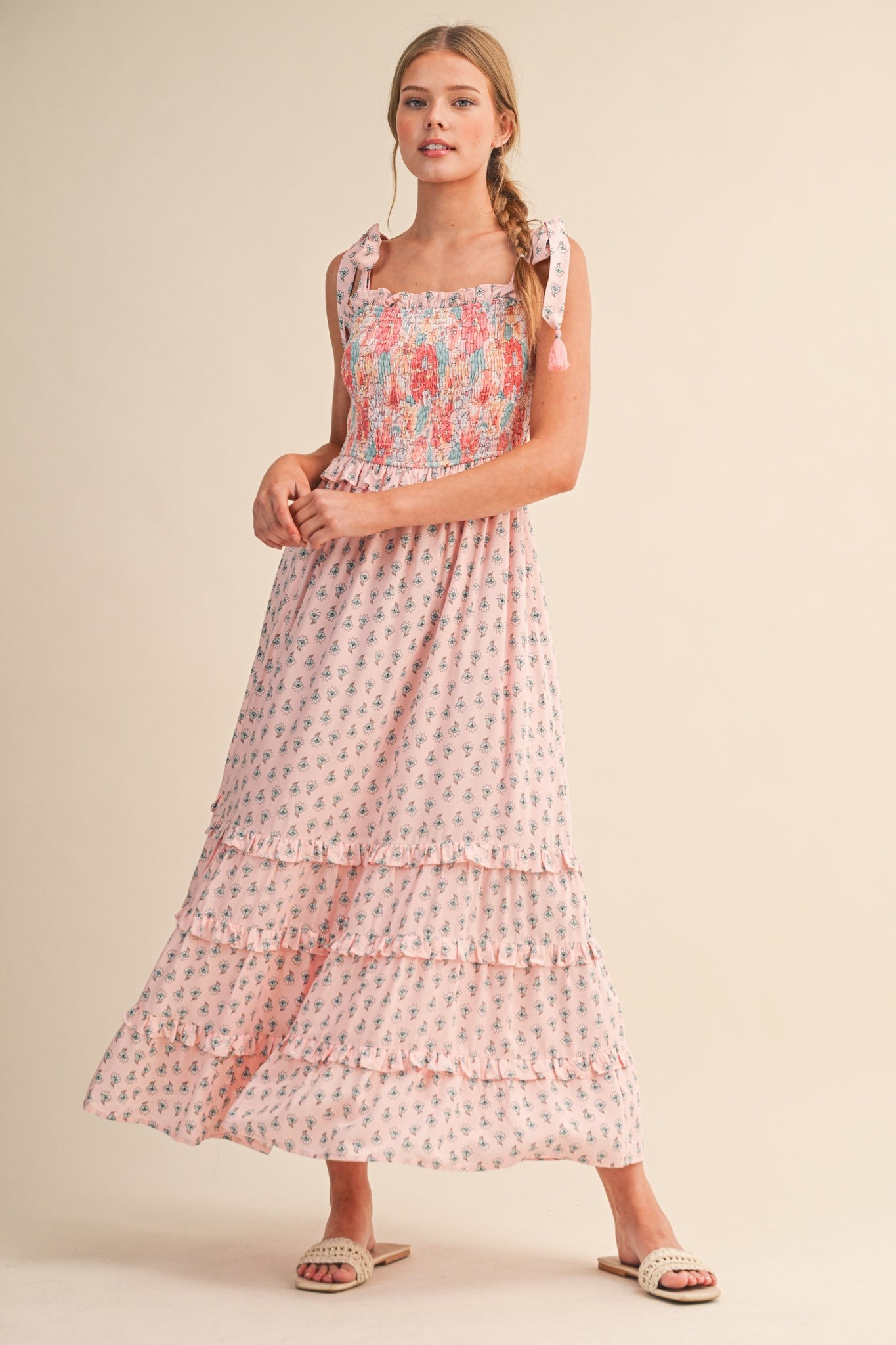 Pink Peach Multi Floral Smocked Maternity Midi Dress