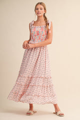 Pink Peach Multi Floral Smocked Maternity Midi Dress