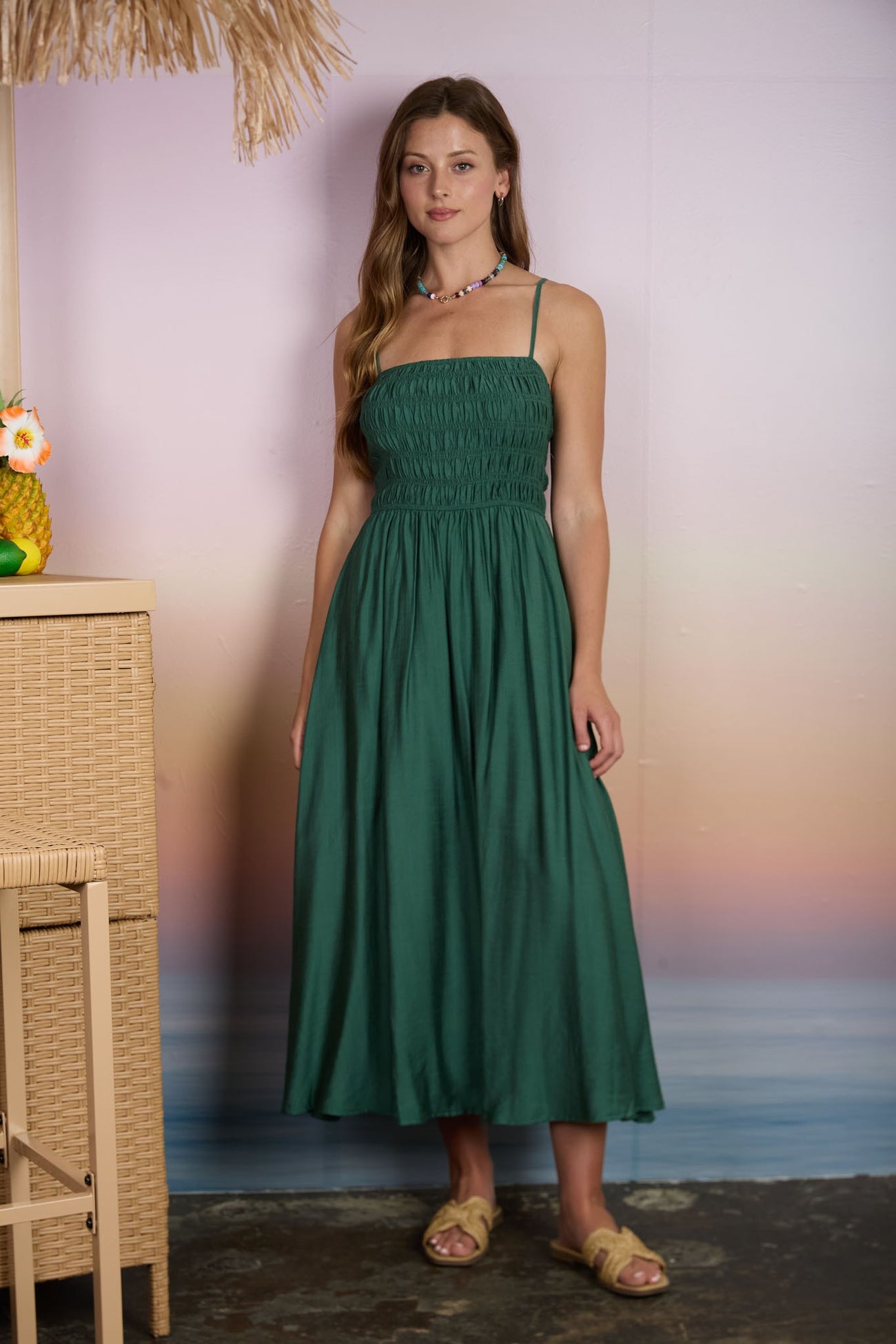Kelly Green Smocked Thin Strap Maternity Midi Dress