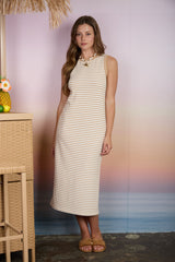Tan Striped Solid Trim Sleeveless Maternity Midi Dress