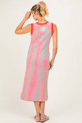 woman wearing a red and white striped maternity maxi dress with sleeveless design and back detail
