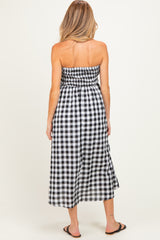 maternity wear black and white gingham strapless maxi dress with smocked bodice and flowing skirt