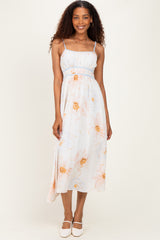 Tan Watercolor Floral Shoulder Tie Maternity Midi Dress