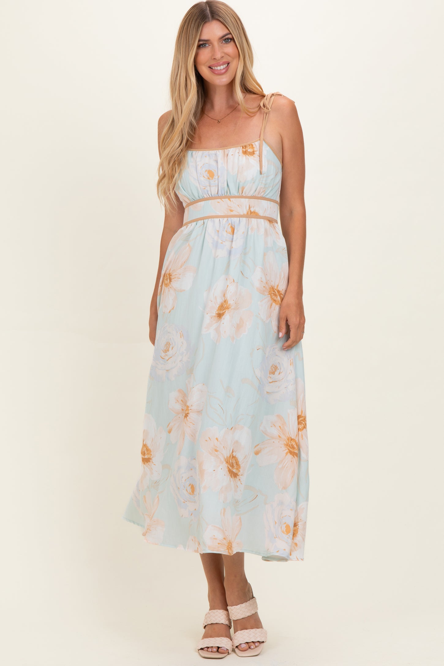 Blue Watercolor Floral Shoulder Tie Maternity Midi Dress