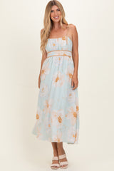 Blue Watercolor Floral Shoulder Tie Maternity Midi Dress