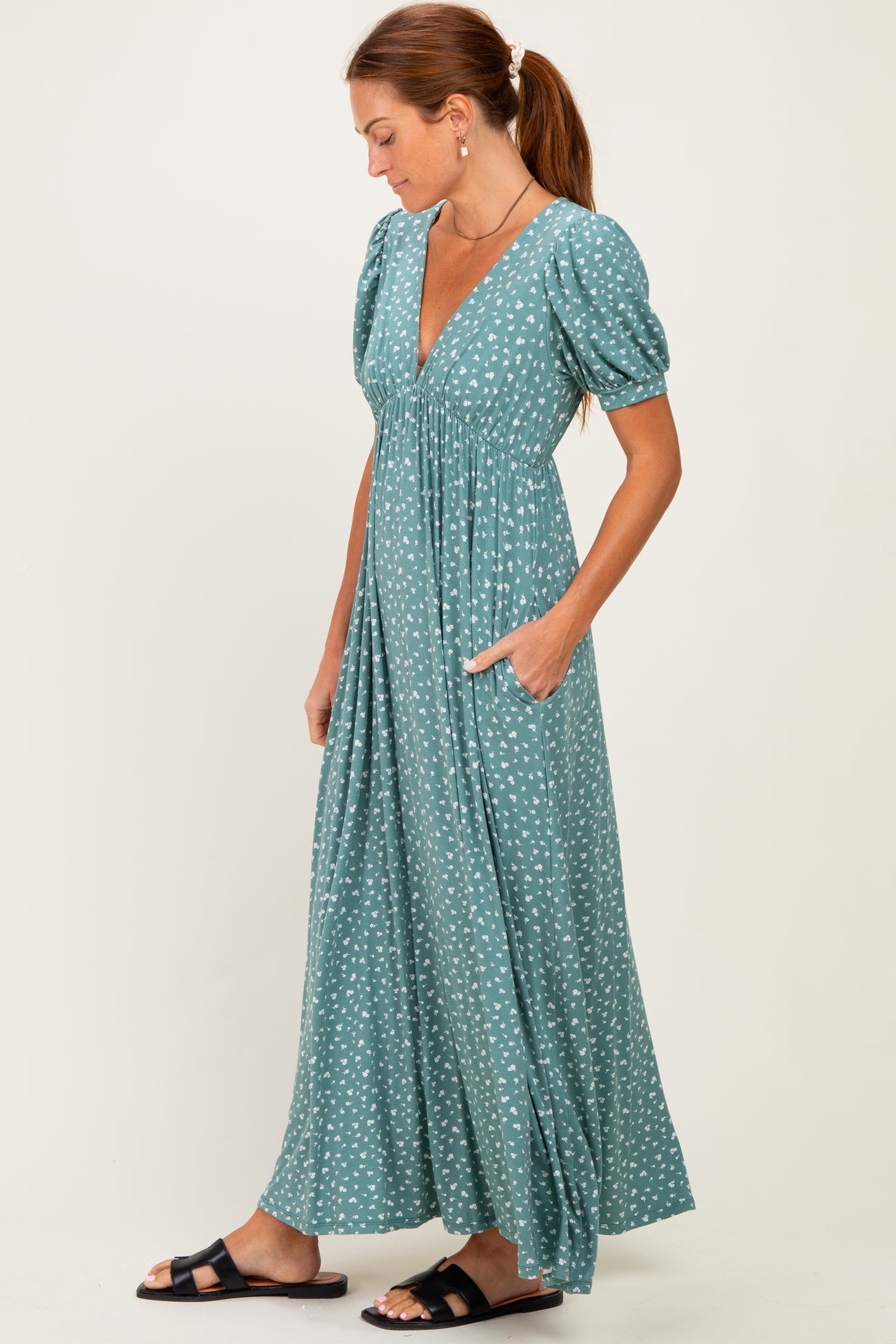 Light Olive Floral V-Neck Short Sleeve Maxi Dress