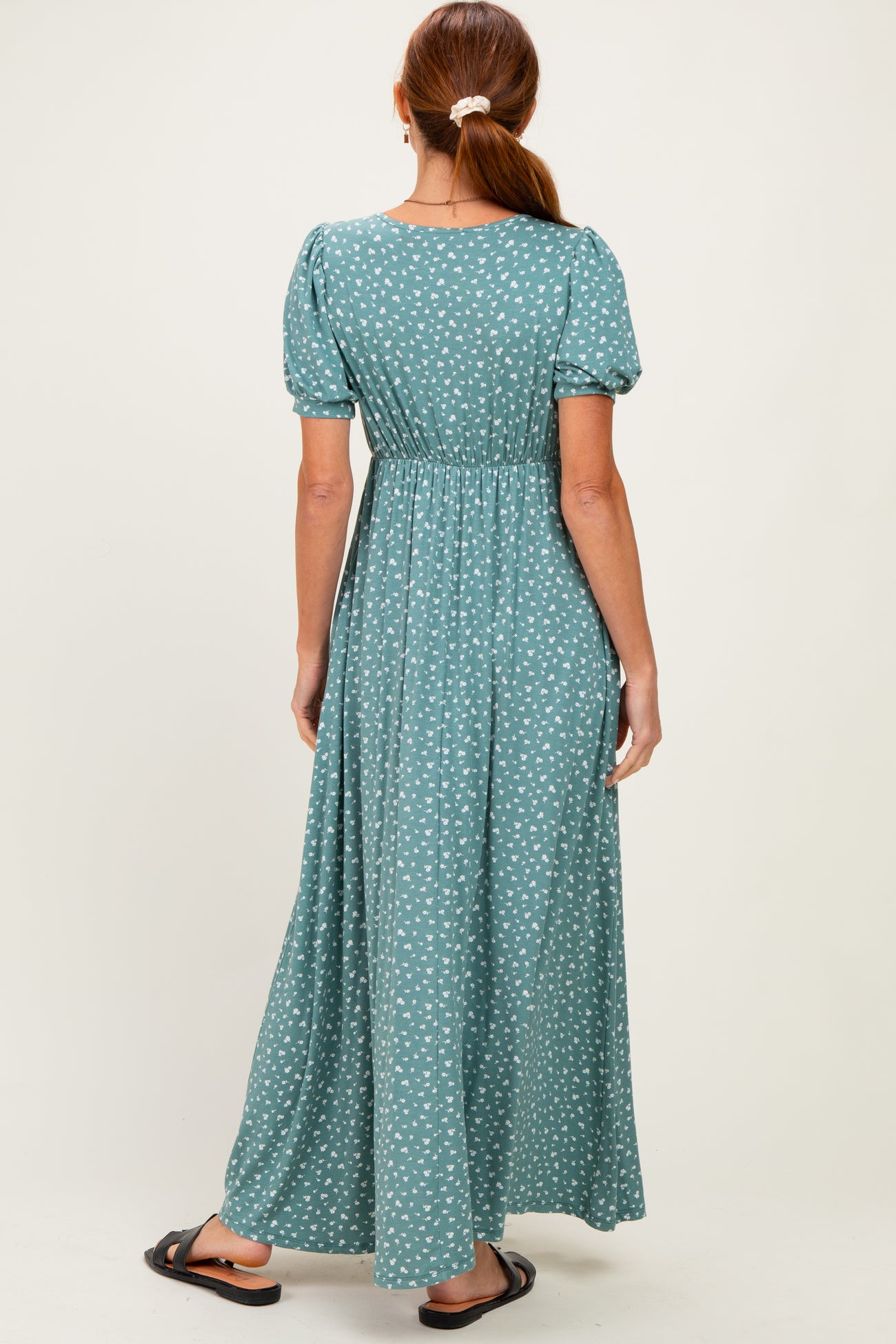 Light Olive Floral V-Neck Short Sleeve Maxi Dress