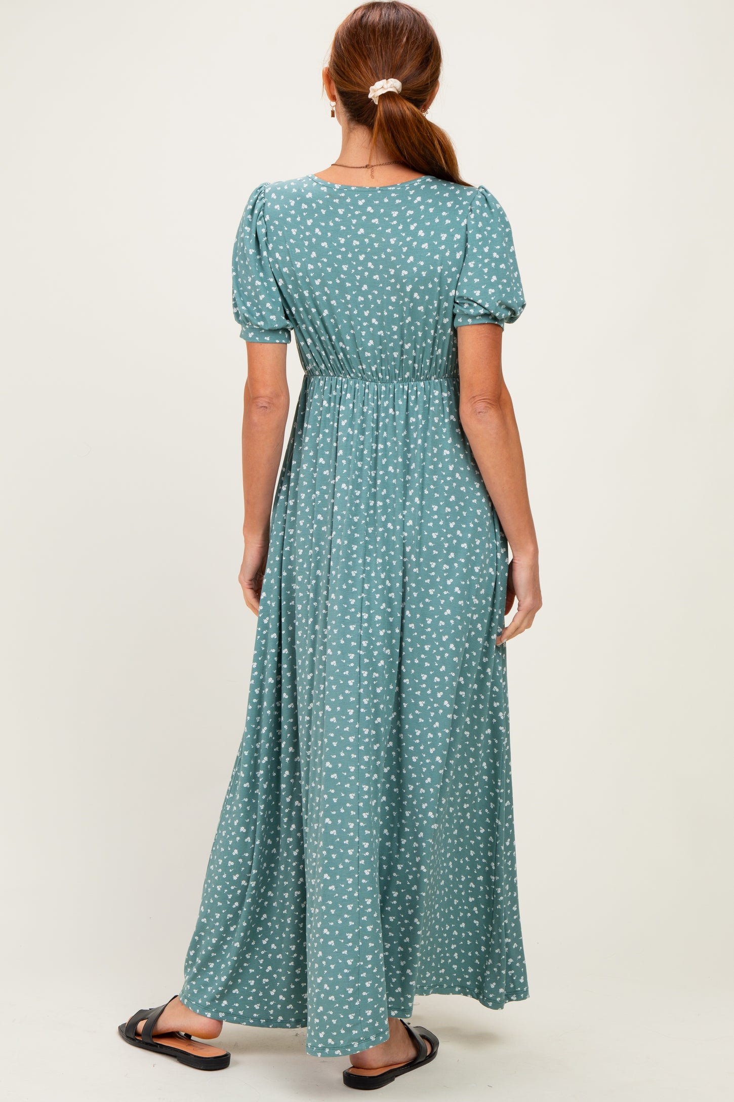 Light Olive Floral V-Neck Short Sleeve Maxi Dress