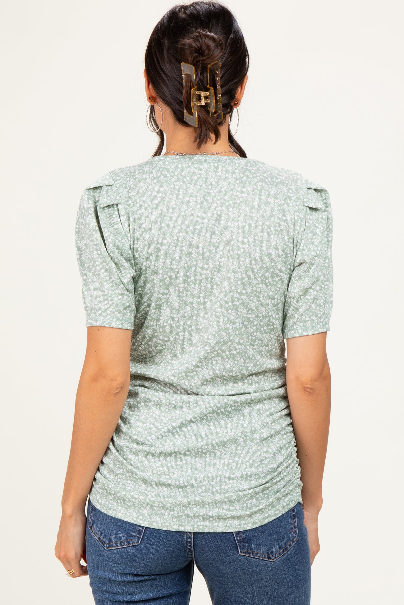 Sage Floral Short Sleeve Ribbed Top