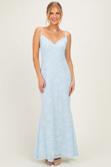 Light Blue Floral Sleeveless V-Neck Maternity Maxi Dress