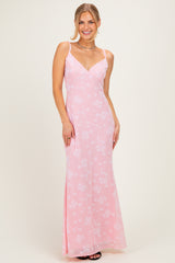 Pink Floral Sleeveless V-Neck Maternity Maxi Dress